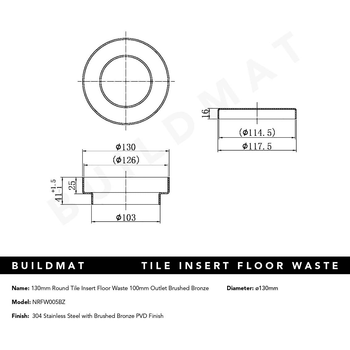 130mm Round Tile Insert Floor Waste 100mm Outlet Brushed Bronze