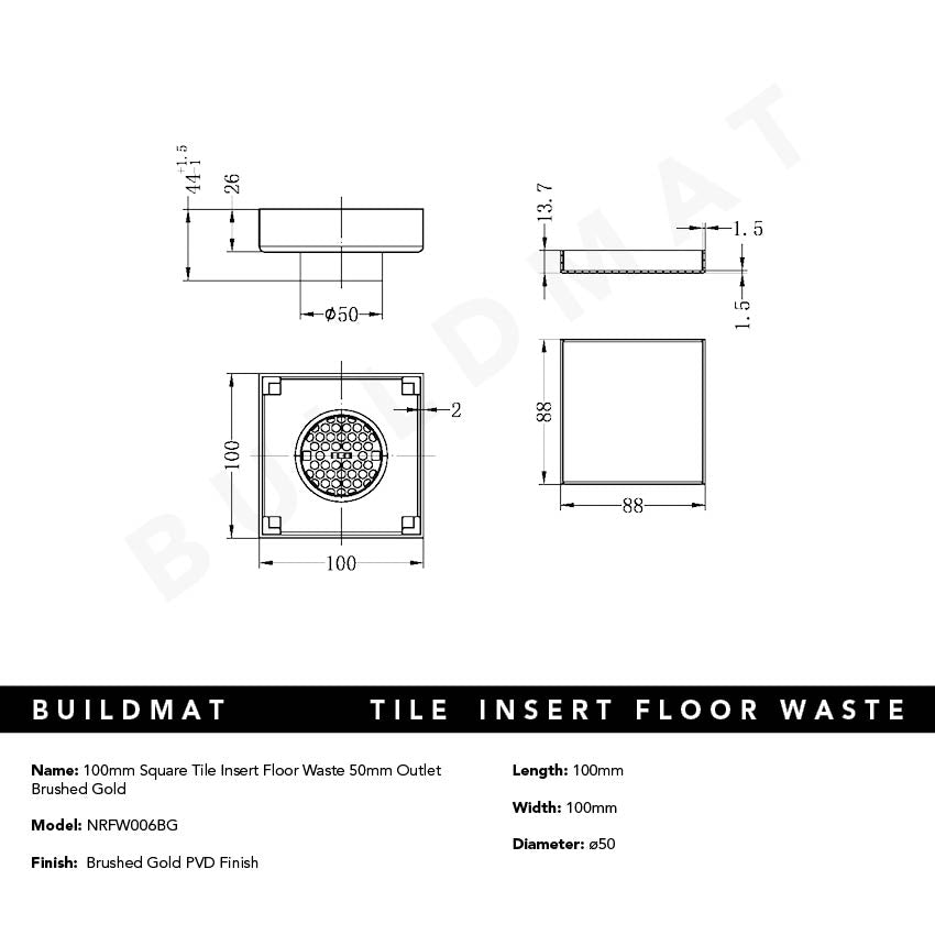 Tile Insert Floor Waste 100mm Outlet Brushed Gold