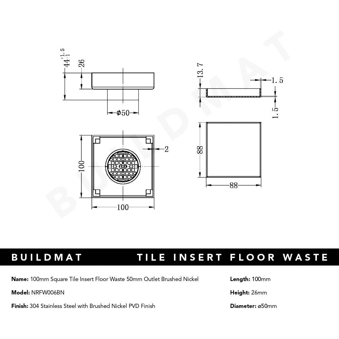 Tile Insert Floor Waste 50mm Outlet Brushed Nickel