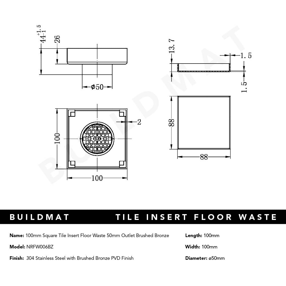 100mm Square Tile Insert Floor Waste 50mm Outlet Brushed Bronze