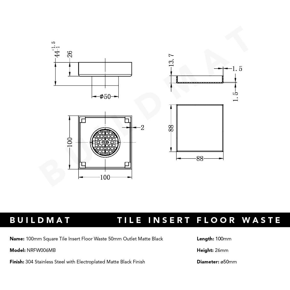 Tile Insert Floor Waste 50mm Outlet Matte Black