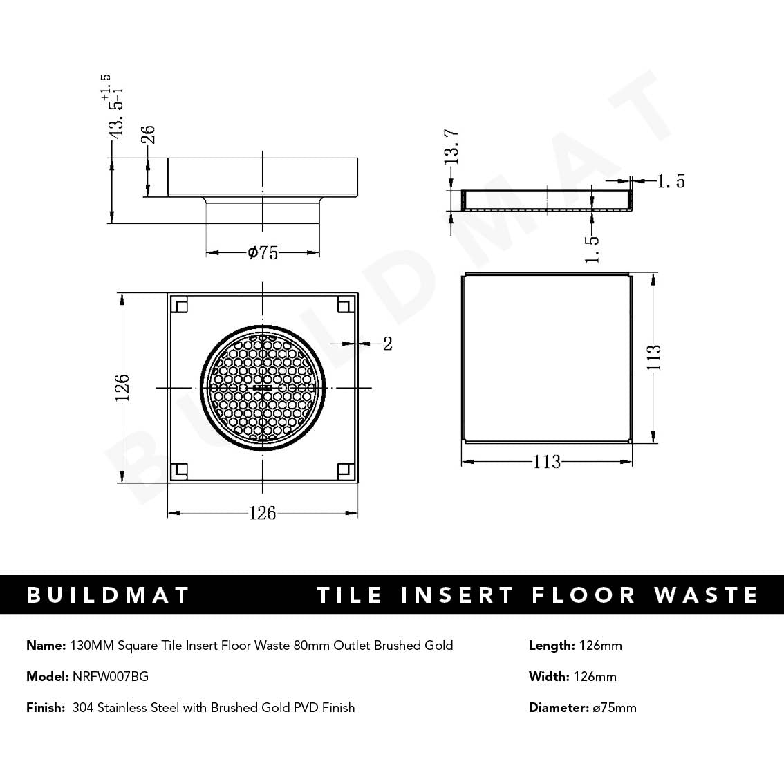 130mm Square Tile Insert Floor Waste 80mm Outlet Brushed Gold