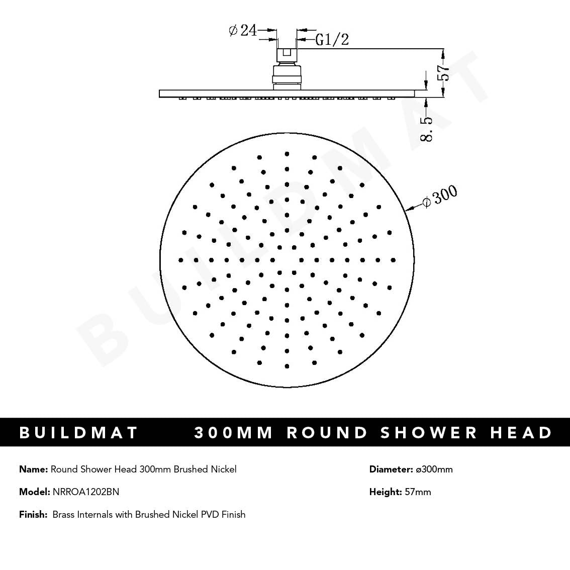 Round Shower Head 300mm Brushed Nickel