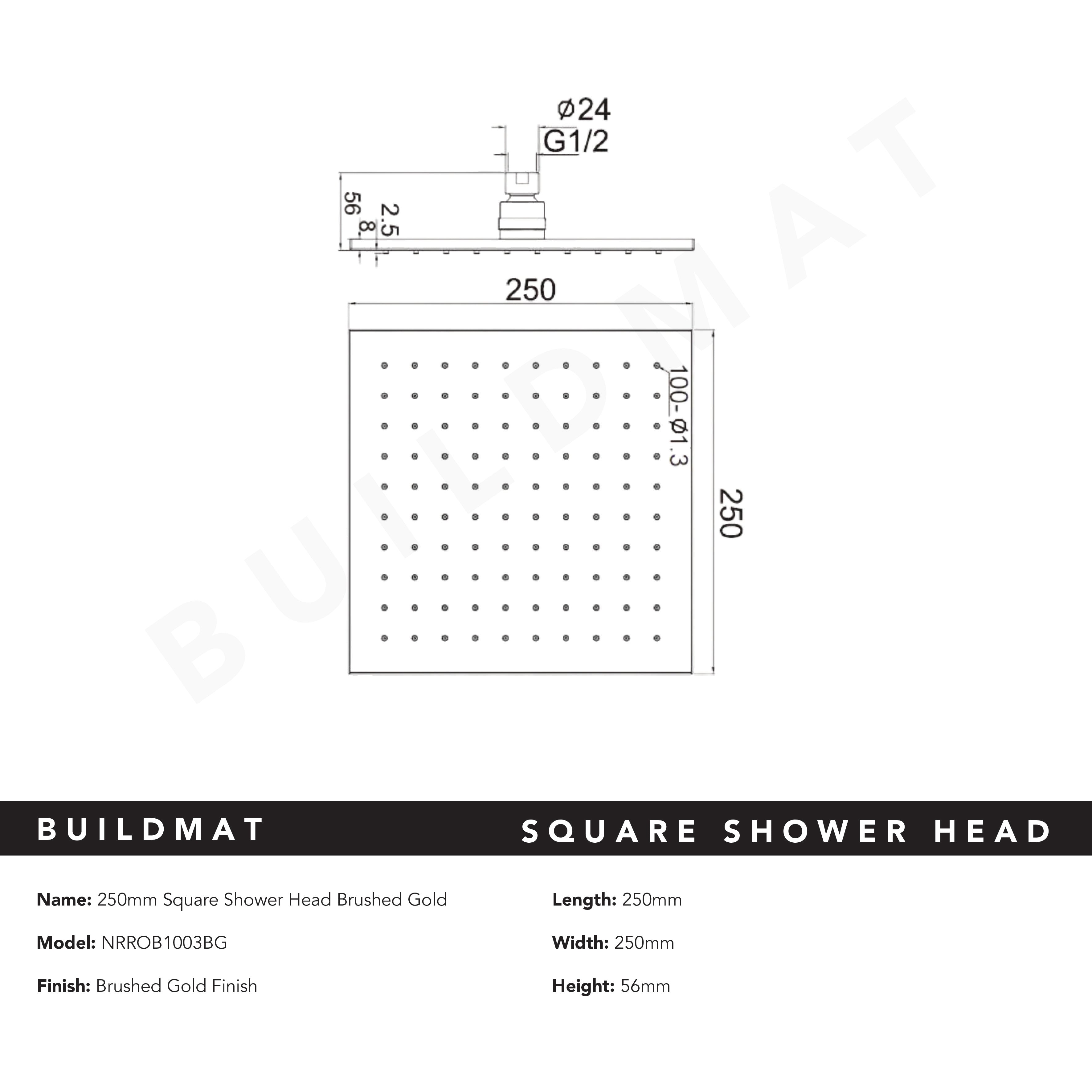 Square Shower Head 250mm Brushed Gold