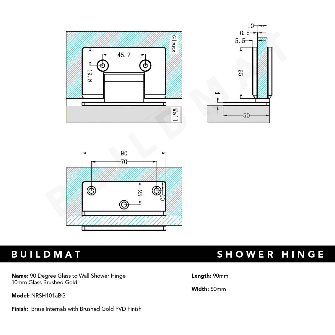 90 Degree Glass to Wall Shower Hinge 10MM Glass Brushed Gold