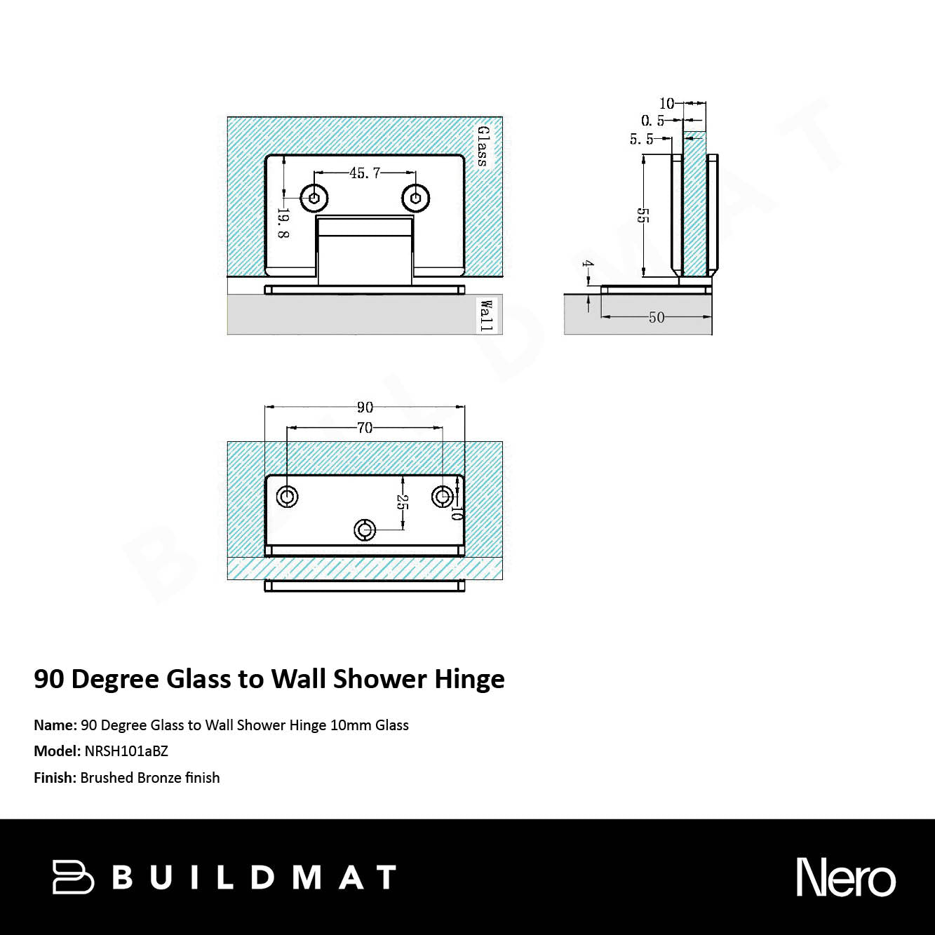 90 Degree Glass To Wall Shower Hinge 10mm Glass Brushed Bronze