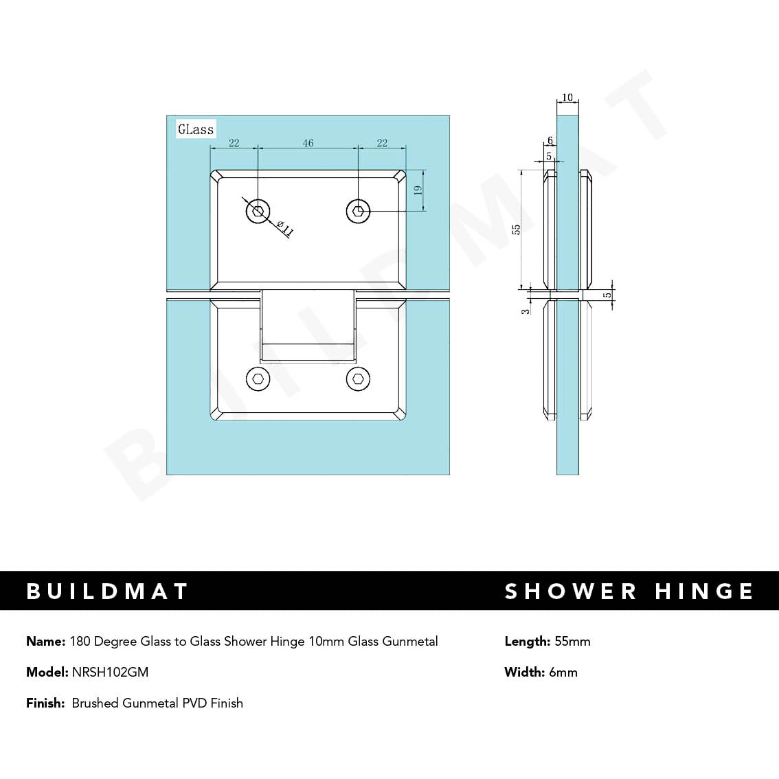 180 Degree Glass to Glass Shower Hinge 10mm Glass Brushed Gunmetal