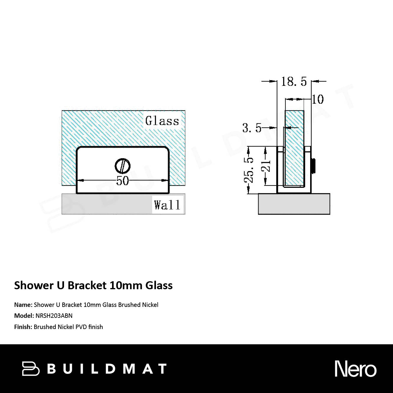 Shower U Bracket 10mm Glass Brushed Nickel