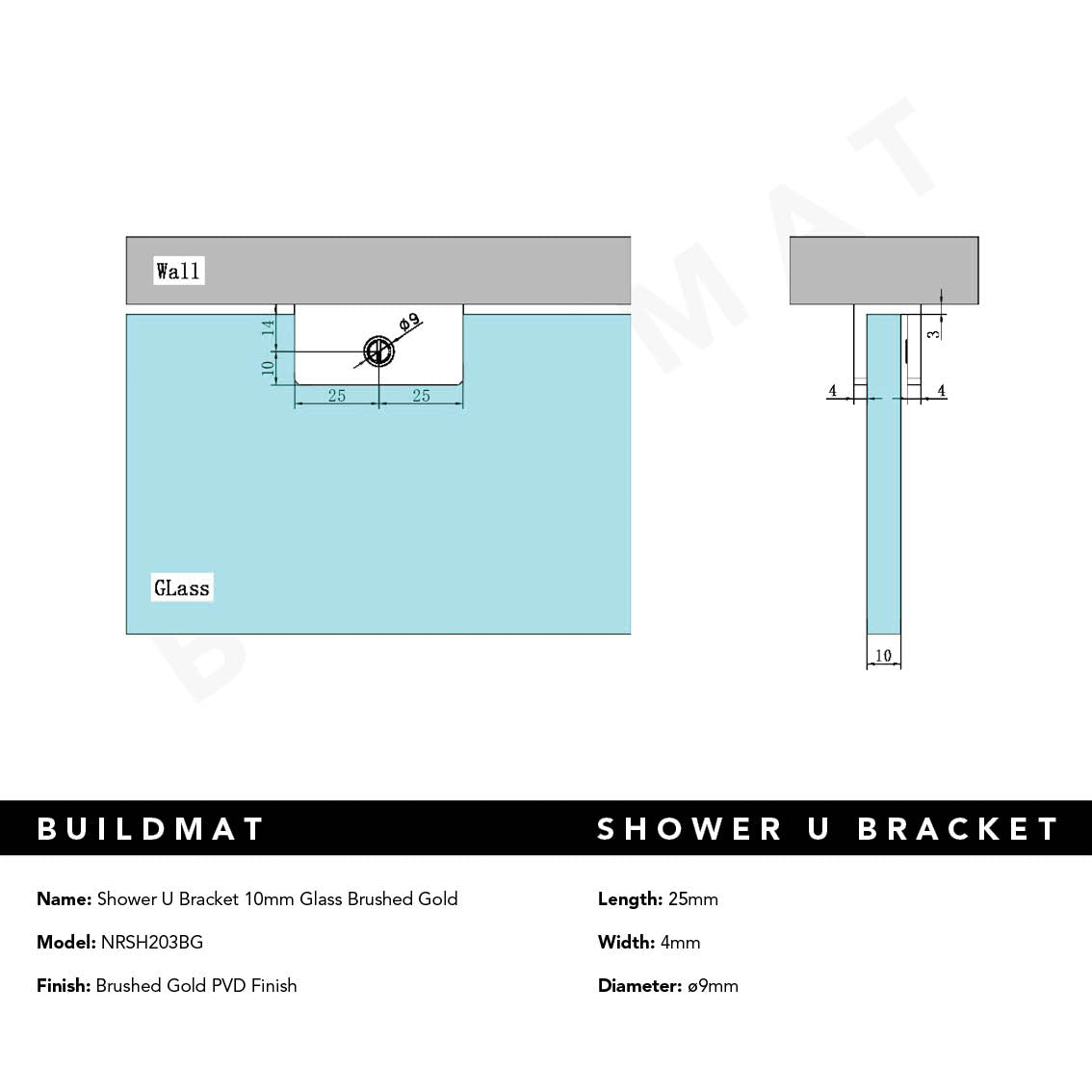 Shower U Bracket 10mm Glass Brushed Gold