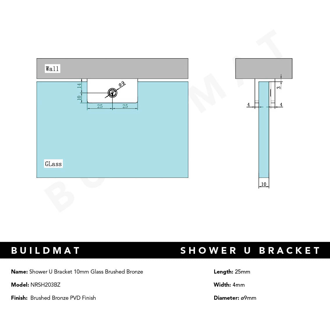 Shower U Bracket 10mm Glass Brushed Bronze