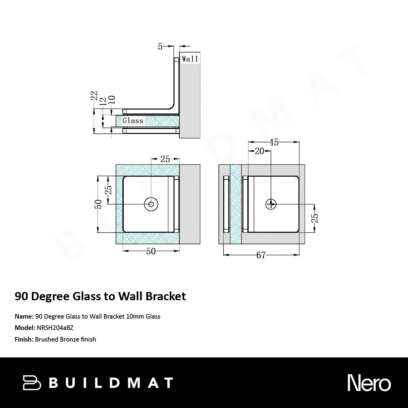 90 Degree Glass to Wall Bracket 10mm Glass Brushed Bronze