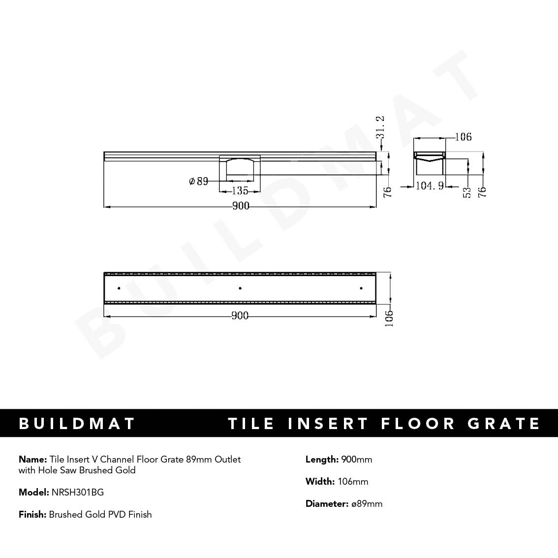 Tile Insert V Channel Floor Grate 89mm Outlet with Hole Saw Brushed Gold