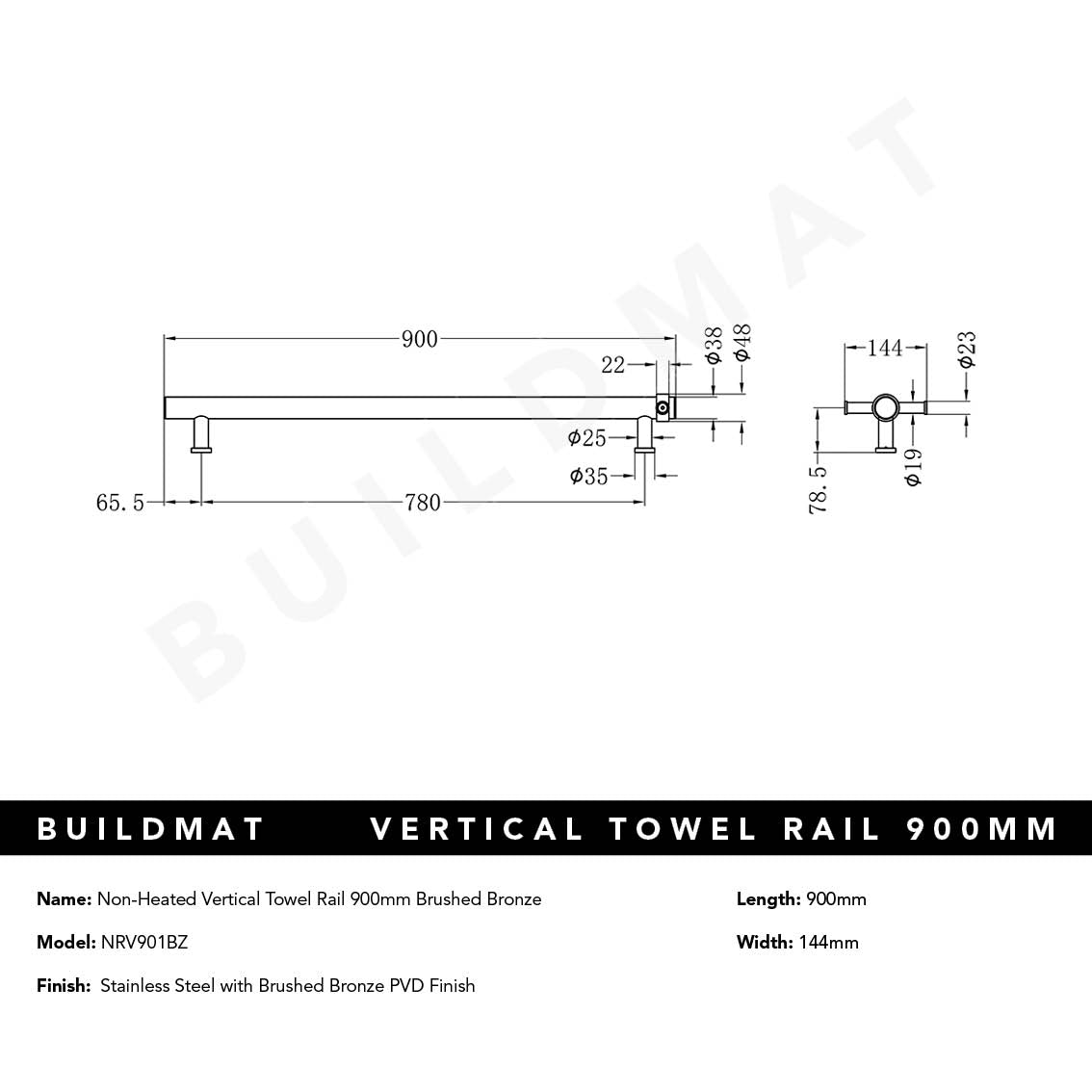 Non-Heated Vertical Towel Rail Brushed Bronze