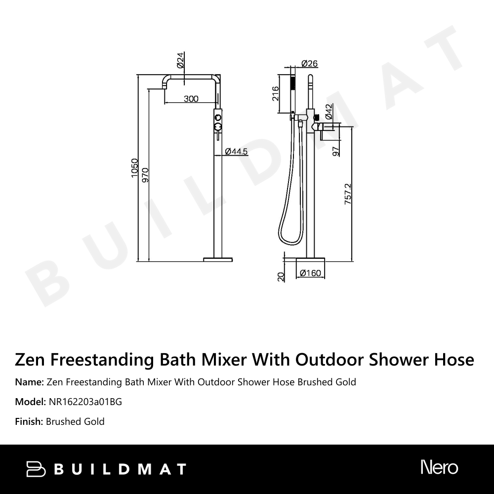 Zen Freestanding Bath Mixer With Outdoor Shower Hose Brushed Gold