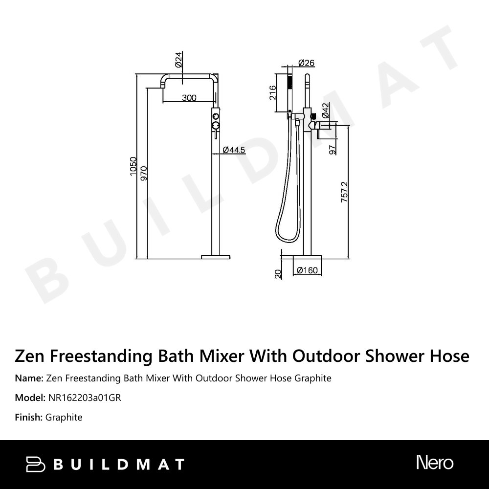 Zen Freestanding Bath Mixer With Outdoor Shower Hose Graphite