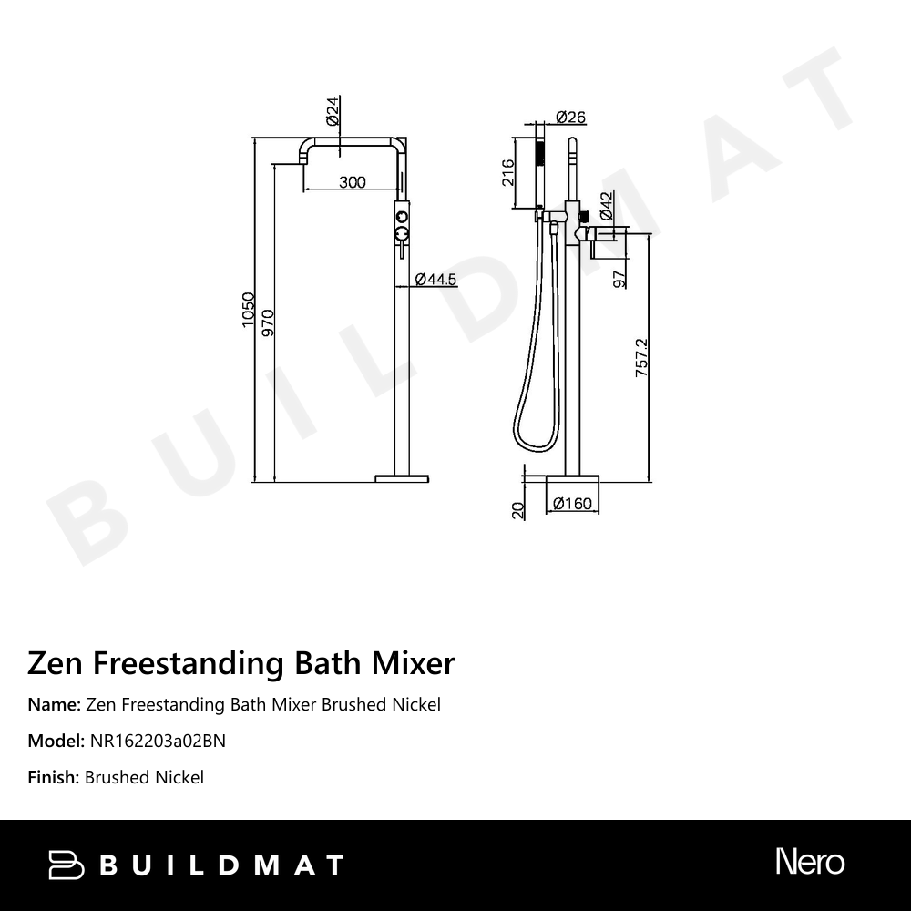 Zen Freestanding Bath Mixer Brushed Nickel