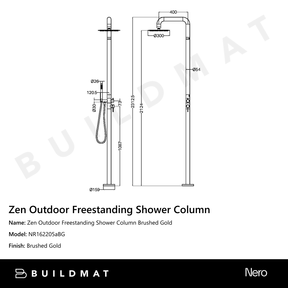 Zen Outdoor Freestanding Shower Column Brushed Gold