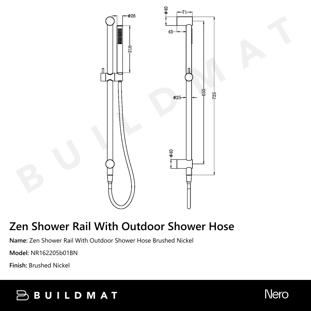 Zen Shower Rail With Outdoor Shower Hose Brushed Nickel