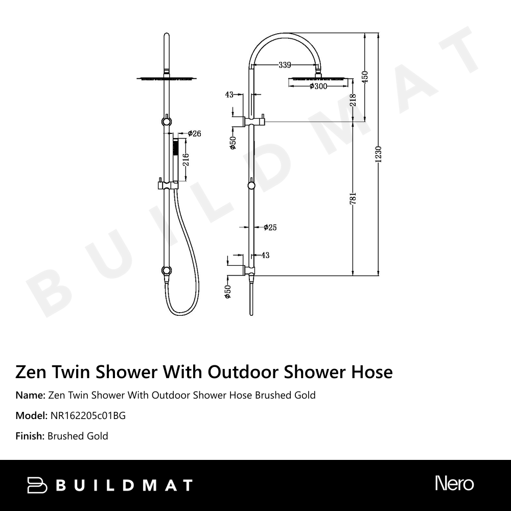 Zen Twin Shower With Outdoor Shower Hose Brushed Gold