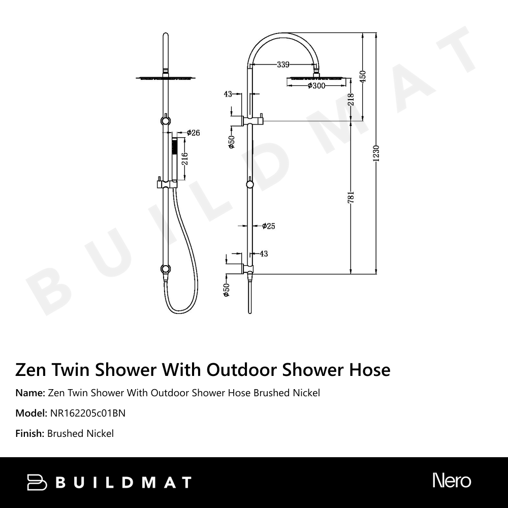 Zen Twin Shower With Outdoor Shower Hose Brushed Nickel