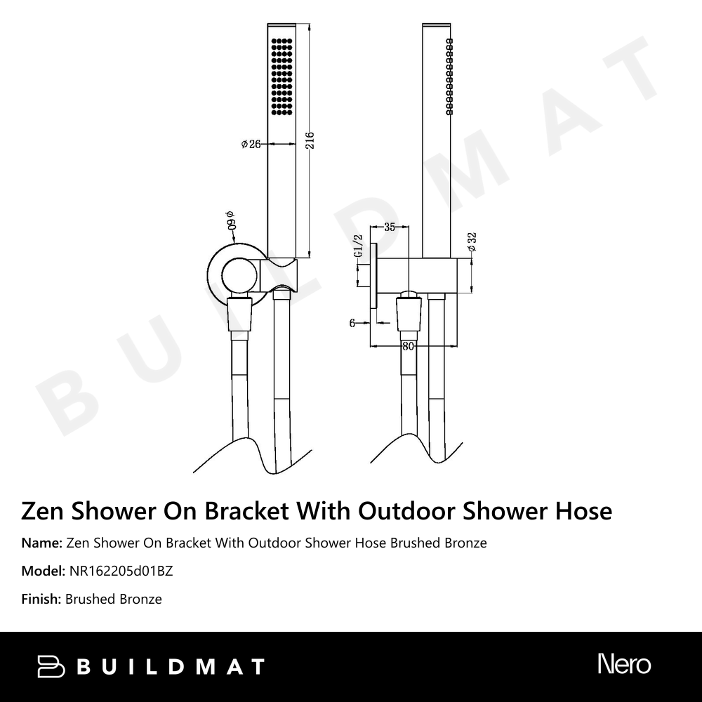 Zen Shower On Bracket With Outdoor Shower Hose Brushed Bronze