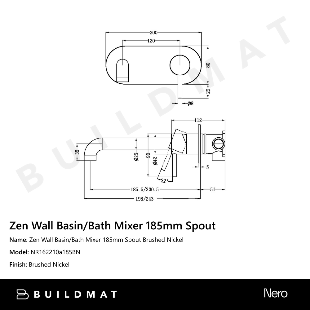 Zen Wall Basin/Bath Mixer 185mm Spout Brushed Nickel