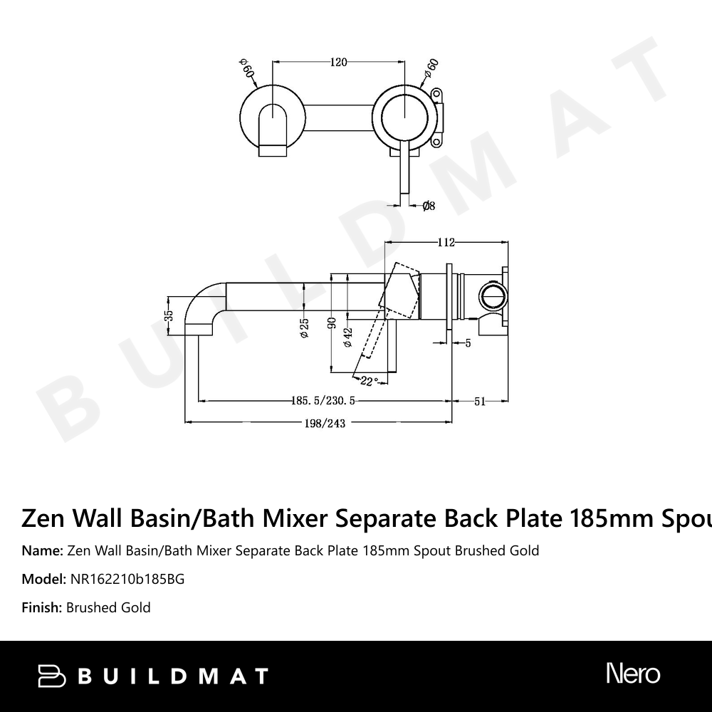 Zen Wall Basin/Bath Mixer Separate Back Plate 185mm Spout Brushed Gold