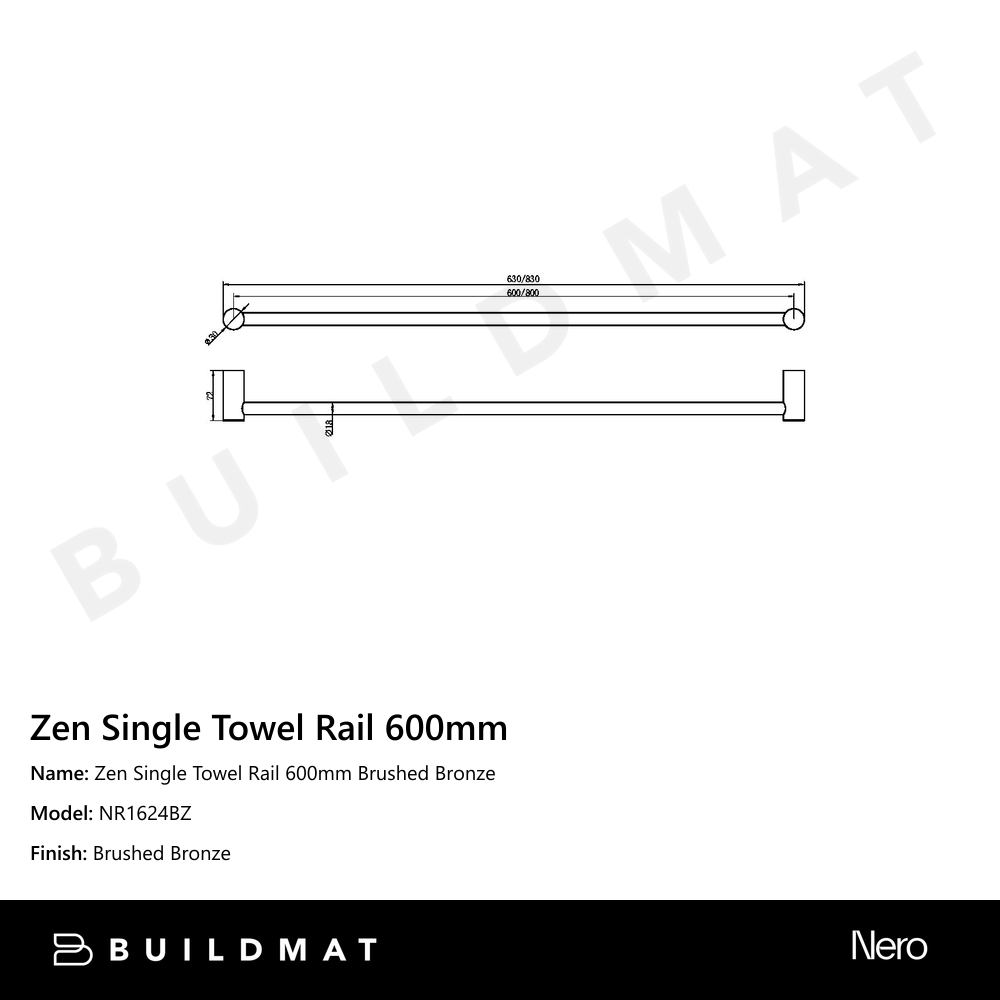 Zen Single Towel Rail 600mm Brushed Bronze