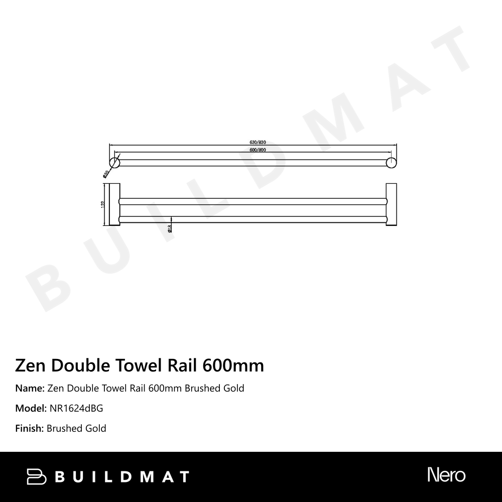 Zen Double Towel Rail 600mm Brushed Gold