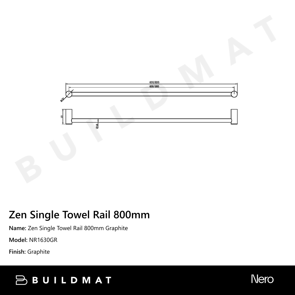 Zen Single Towel Rail 800mm Graphite