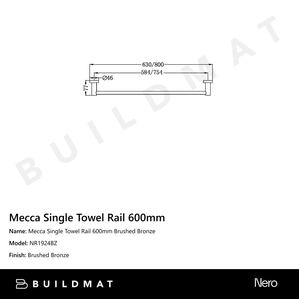 Mecca Single Towel Rail 600mm Brushed Bronze