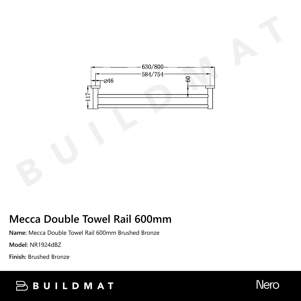 Mecca Double Towel Rail 600mm Brushed Bronze