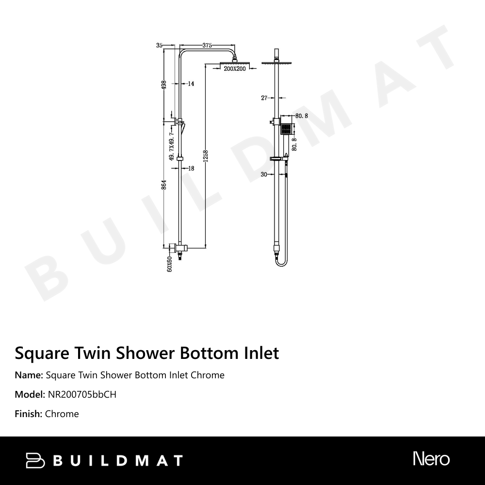 Square Twin Shower Bottom Inlet Chrome