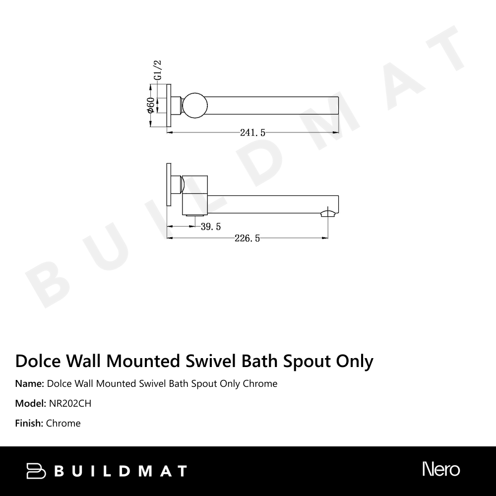 Dolce Wall Mounted Swivel Bath Spout Only Chrome