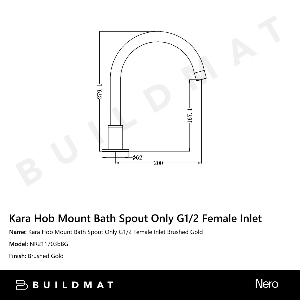 Kara Hob Mount Bath Spout Only G1/2 Female Inlet Brushed Gold