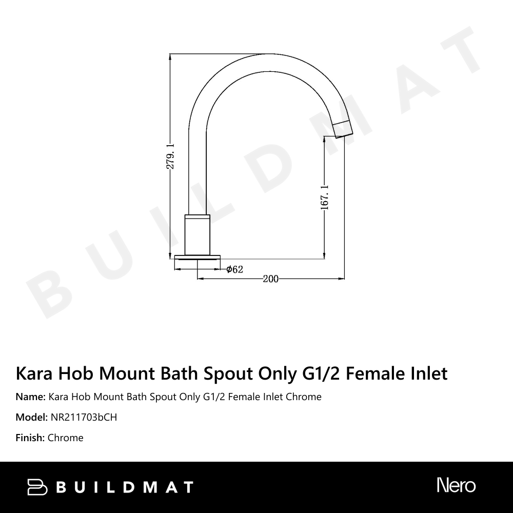 Kara Hob Mount Bath Spout Only G1/2 Female Inlet Chrome