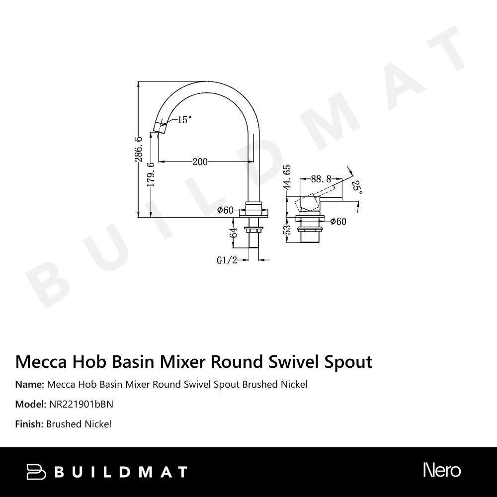 Mecca Hob Basin Mixer Round Swivel Spout Brushed Nickel