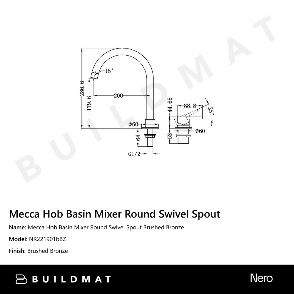 Mecca Hob Basin Mixer Round Swivel Spout Brushed Bronze