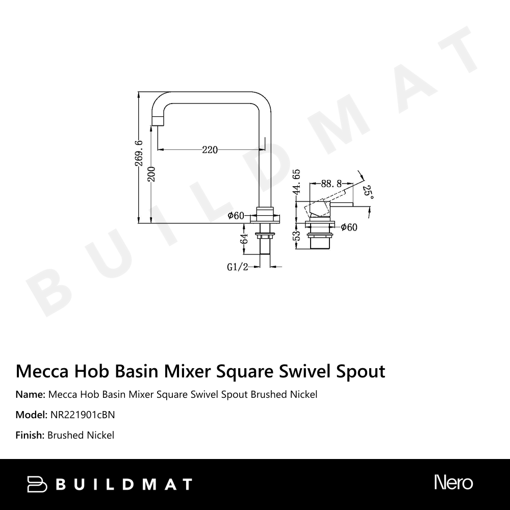 Mecca Hob Basin Mixer Square Swivel Spout Brushed Nickel