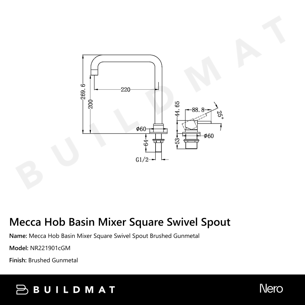 Mecca Hob Basin Mixer Square Swivel Spout Gun Metal