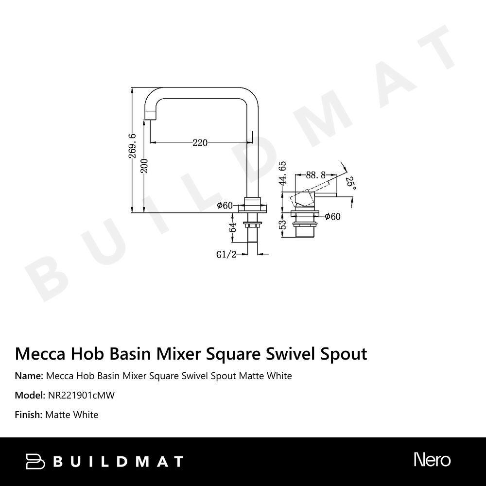 Mecca Hob Basin Mixer Square Swivel Spout Matte White