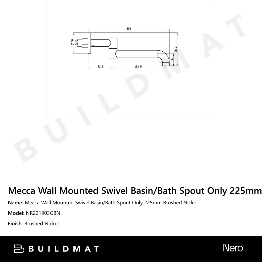 Mecca Wall Mounted Swivel Basin/Bath Spout Only 225mm Brushed Nickel