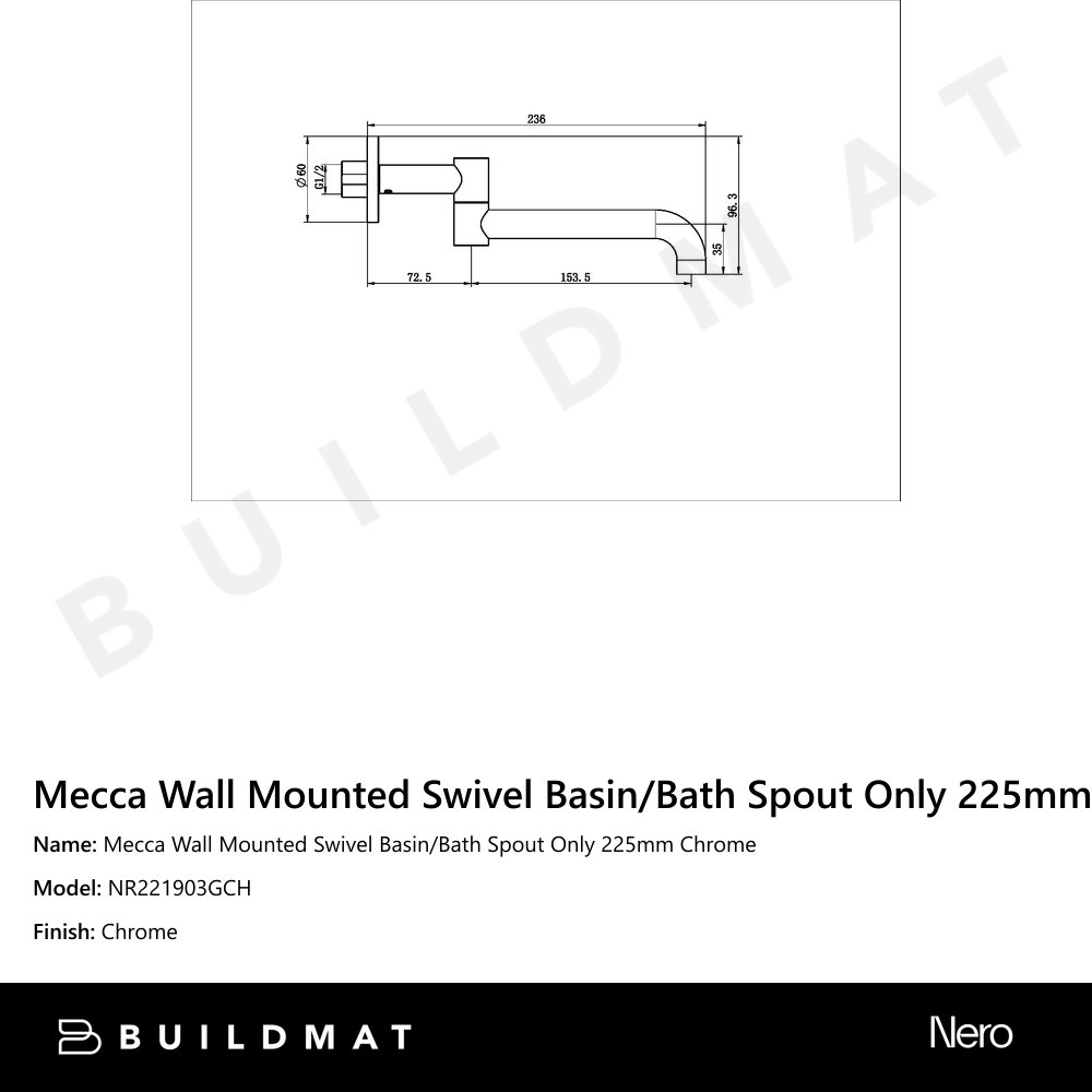 Mecca Wall Mounted Swivel Basin/Bath Spout Only 225mm Chrome