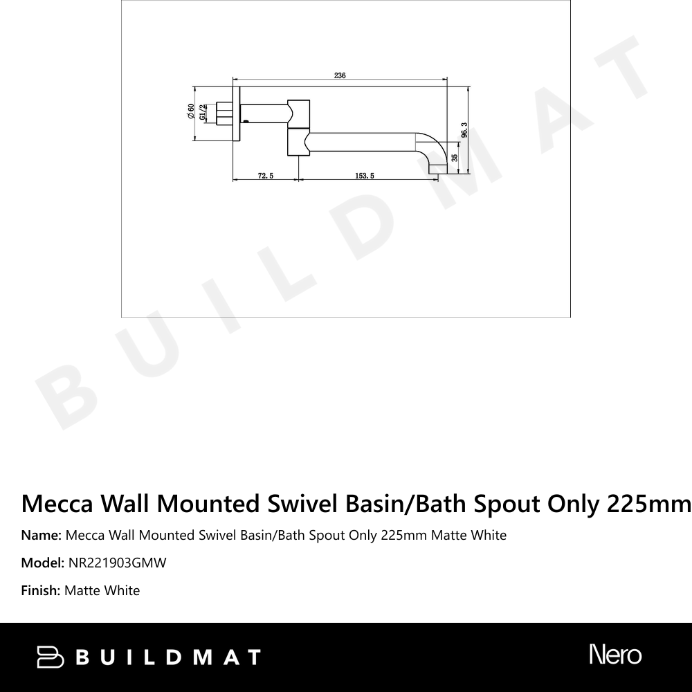 Mecca Wall Mounted Swivel Basin/Bath Spout Only 225mm Matte White