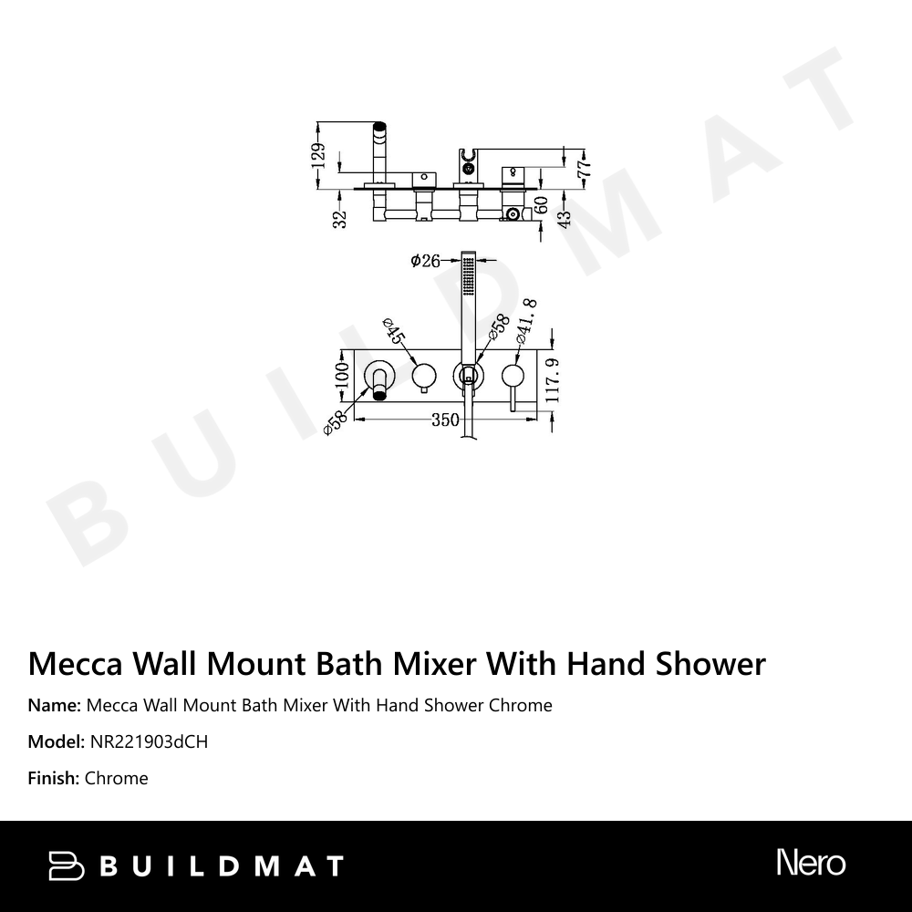 Mecca Wall Mount Bath Mixer With Hand Shower Chrome