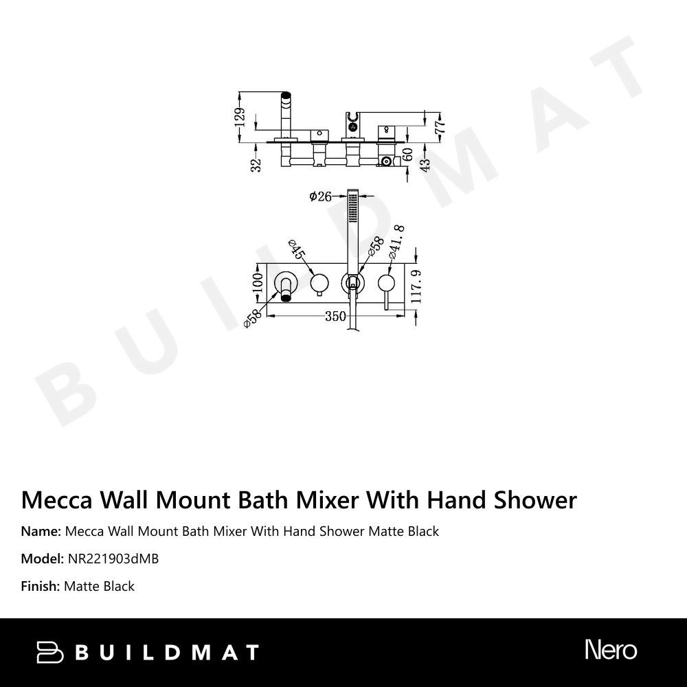 Mecca Wall Mount Bath Mixer With Hand Shower Matte Black