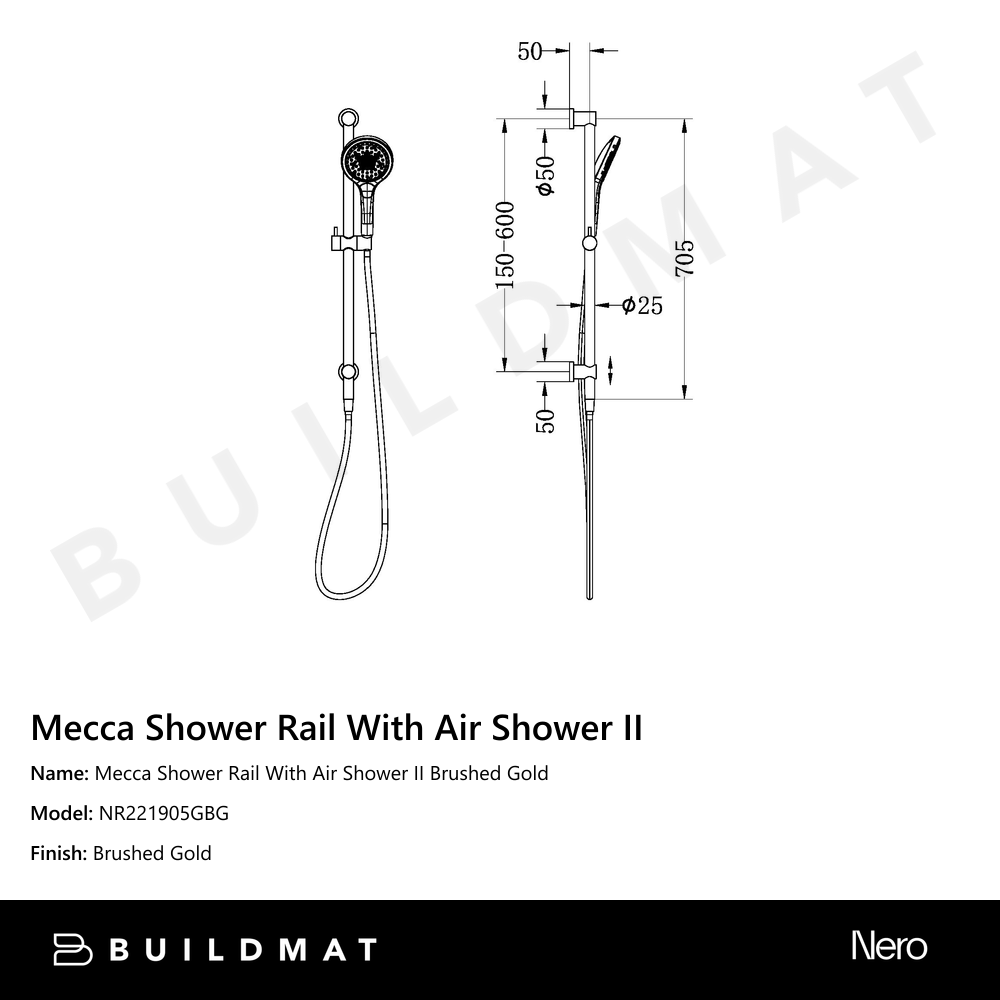 Mecca Shower Rail With Air Shower II Brushed Gold