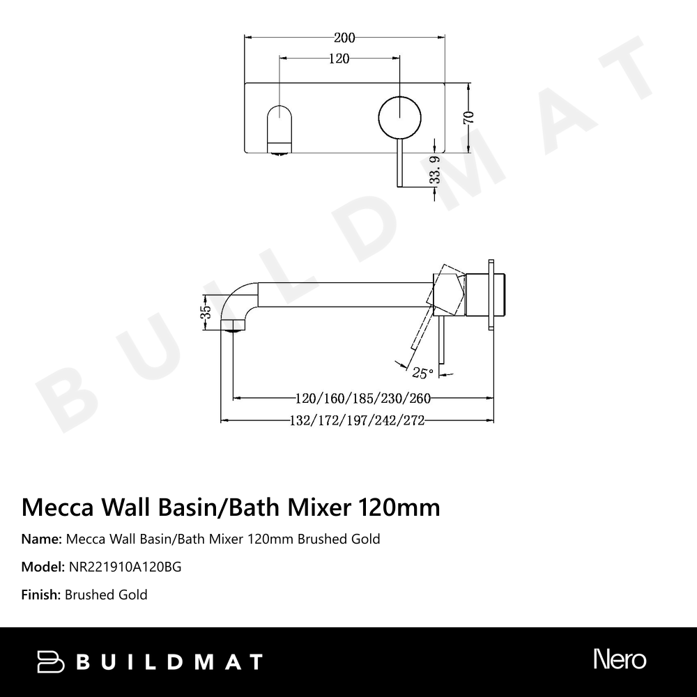 Mecca Wall Basin/Bath Mixer 120mm Brushed Gold