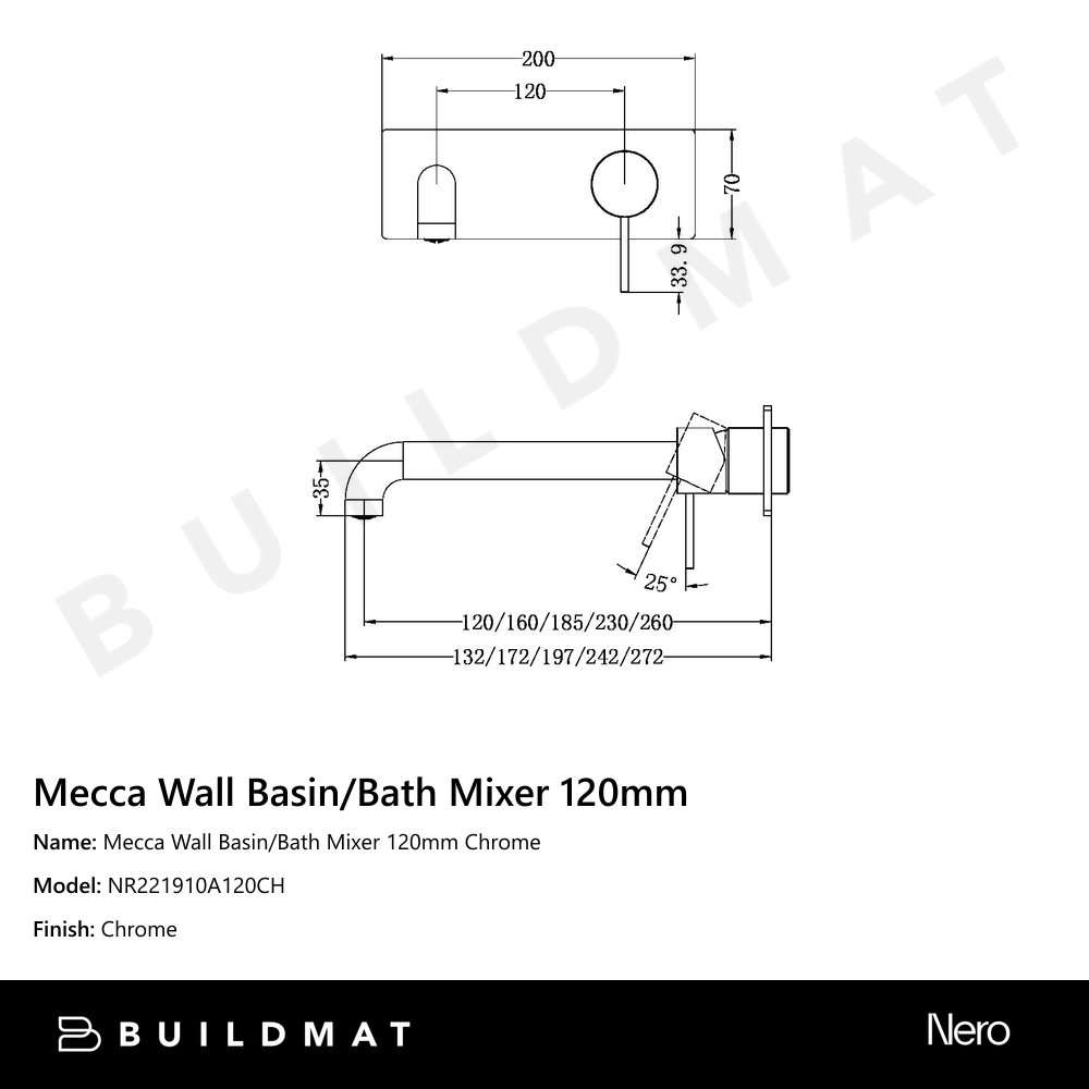 Mecca Wall Basin/Bath Mixer 120mm Chrome