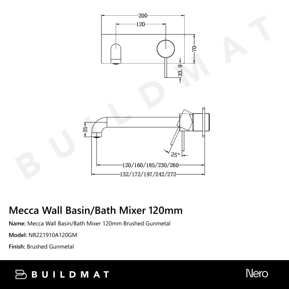 Mecca Wall Basin/Bath Mixer 120mm Gun Metal